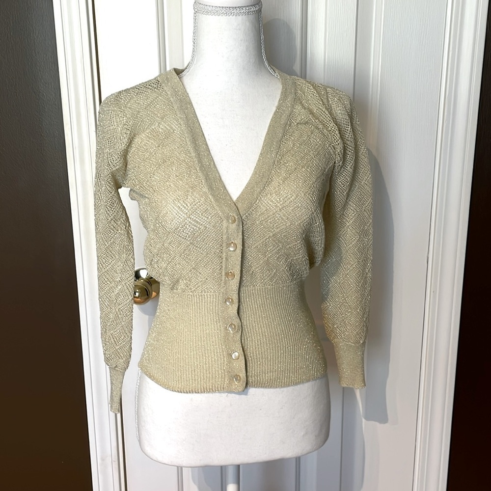 Tan Shimmer Button Up Top with Scattered Micro Sequins. Small
